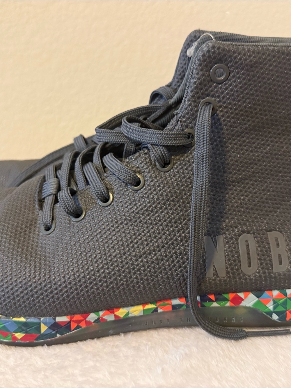 Nobull High Top Trainer Dark Grey Geometric Gum Sole Mens 13 Womens 14.5 Workout